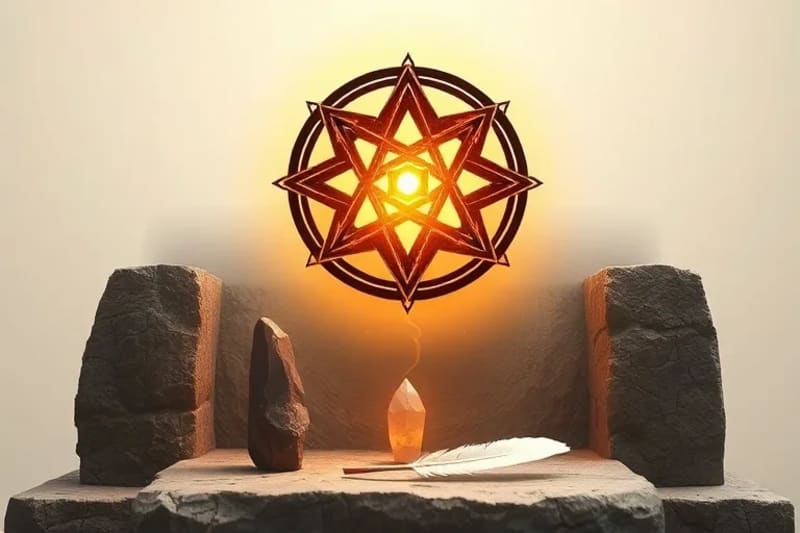Sigilo geométrico sagrado con luz dorada sobre altar de piedra