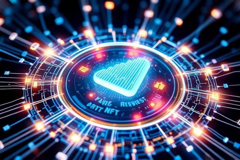 Red de blockchain con nodos seguros y barreras de ciberseguridad.