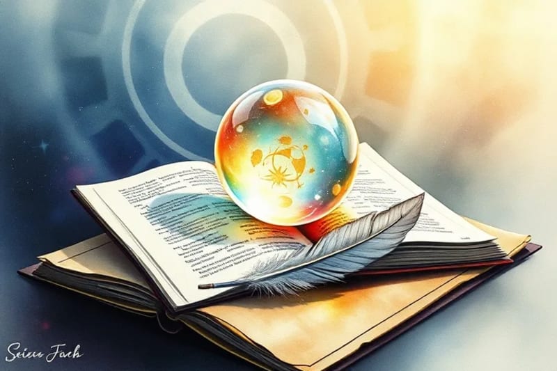 An open book with glowing esoteric symbols, a crystal ball, and a delicate feather, symbolizing knowledge and subtle communication in psychic development.