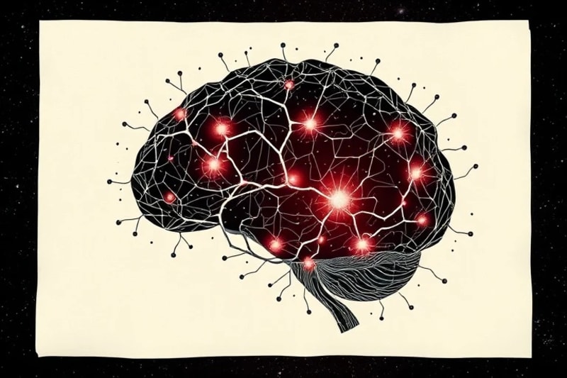 Interconnected neural pathways glowing with vibrant energy, merging with cosmic dust, illustrating the brain's connection to universal consciousness.