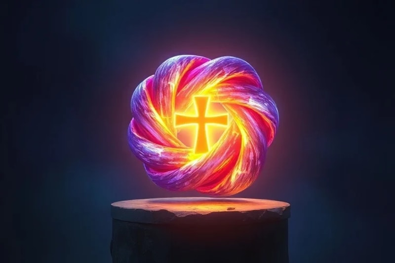 Representación abstracta de luz entrelazada con un símbolo de fe, simbolizando la resiliencia y la unión divina