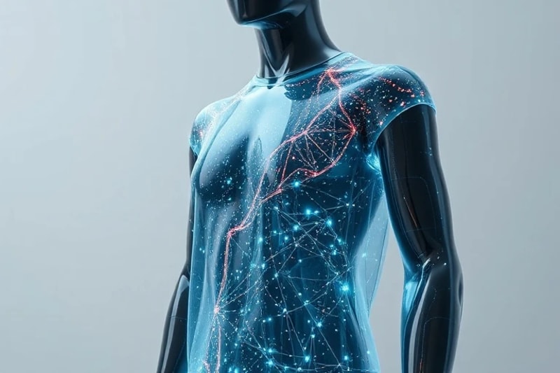 Maniquí estilizado con una prenda digital proyectada, mostrando texturas y patrones de luz interactivos.