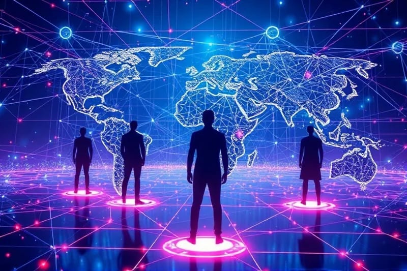 Ilustración vectorial de una red de nodos interconectados, con siluetas humanas interactuando con interfaces virtuales.