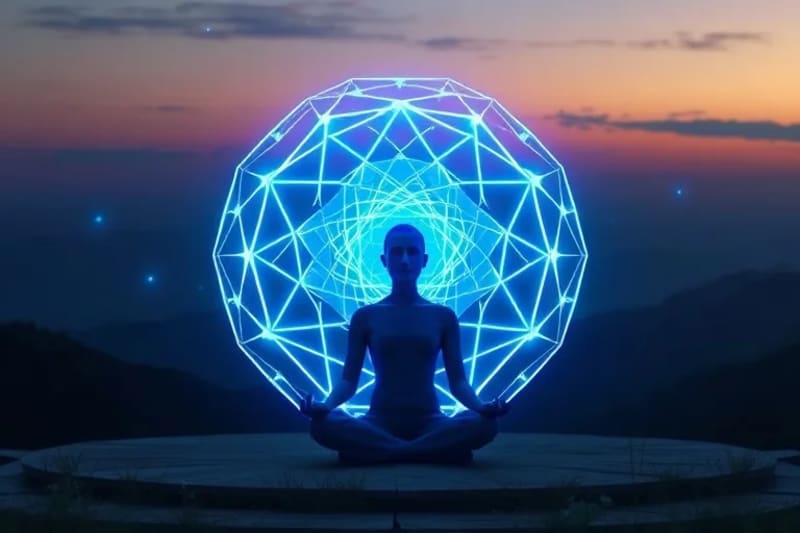 Patrón geométrico brillante formando un domo protector sobre una figura meditando.