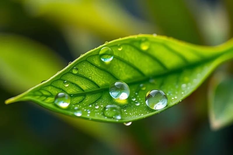 Gotas de rocío en una hoja verde, macro, atención al detalle