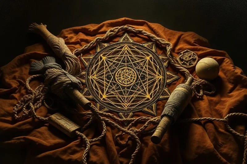 Still-life of antique, intertwined threads and faded heirlooms, symbolizing ancestral burdens and legacies.