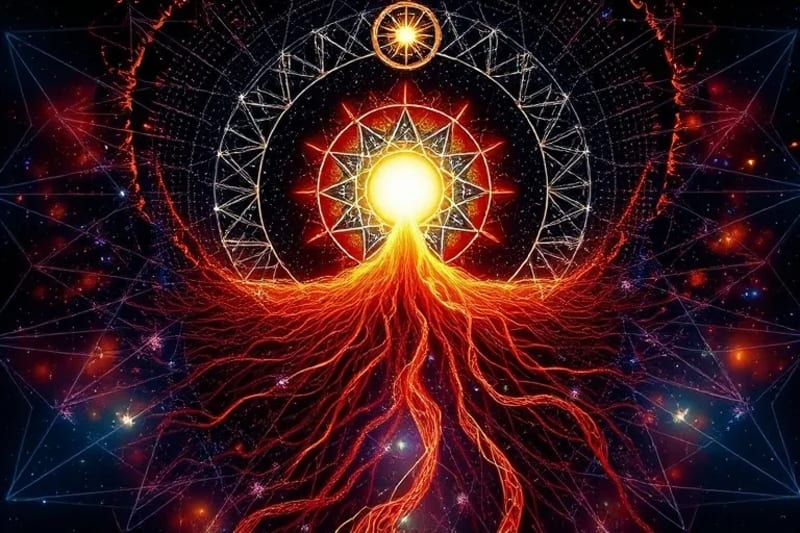 Digital art of an upward-spiraling path of light emerging from roots, leading to a North Node symbol, symbolizing evolutionary growth.