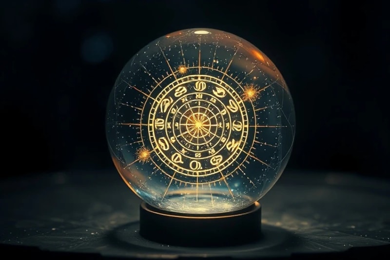 Esfera de cristal reflejando patrones de entrelazamiento cuántico, con una carta natal miniatura y líneas de energía etéreas.