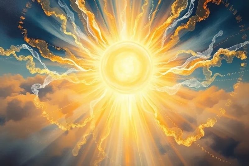 Representación abstracta de luz pura emanando, con corrientes de energía en oro y azul, influyendo en un paisaje distante.