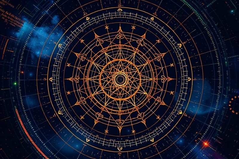 Digital painting of celestial sphere with astrological symbols