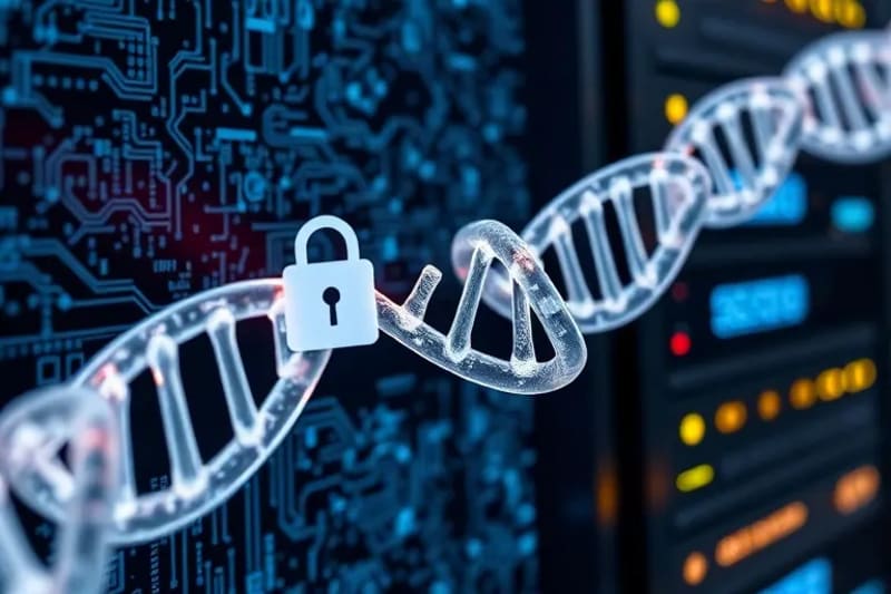 Stylized DNA helix intertwined with digital locks and binary code on a secure server rack