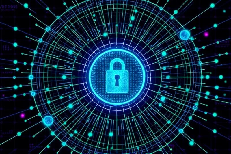 Abstract vector art of interconnected nodes forming a protective barrier around a central data core with encryption patterns