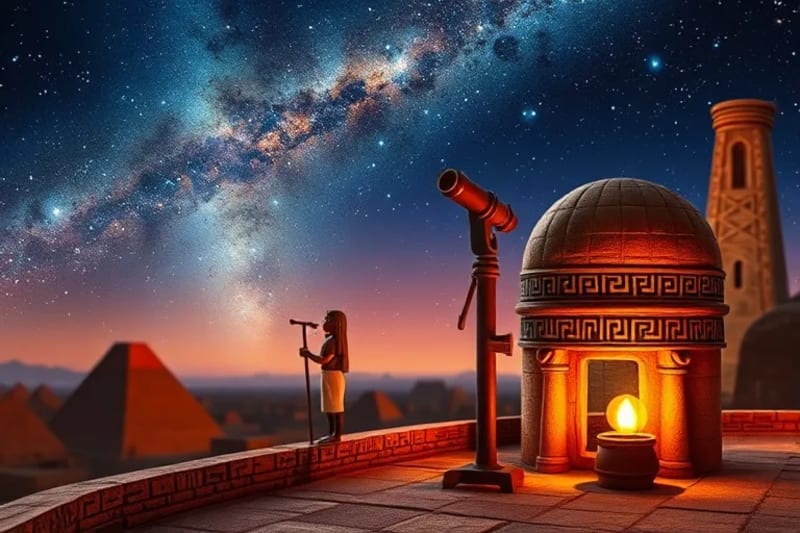 Ancient Egyptian astronomer using a merkhet and plumb bob to observe constellations from a rooftop observatory.