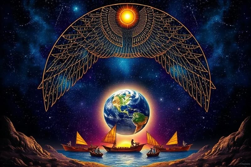 Mystical depiction of the goddess Nut, body covered in stars, arching over the Earth, symbolizing the cycle of night and day.