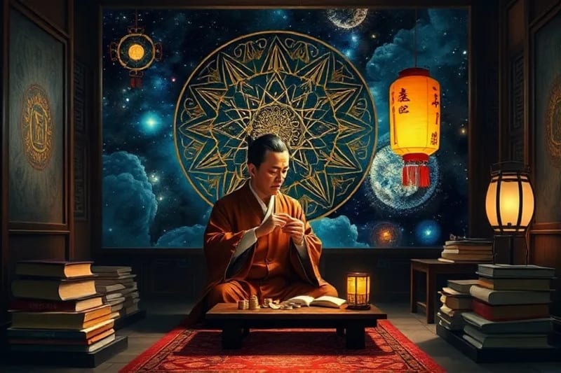 Escena de un erudito antiguo consultando el I Ching con monedas