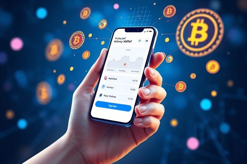 Mano sosteniendo un smartphone con una aplicación de criptomonedas