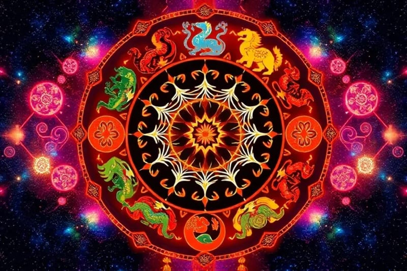Ilustración artística de los doce animales del zodiaco chino en un círculo