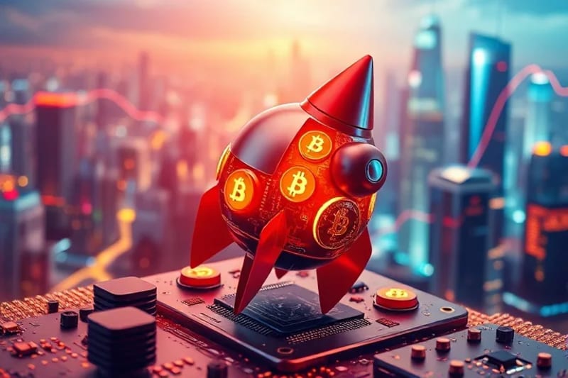 Hucha futurista en forma de cohete con monedas digitales y gráficos de crecimiento