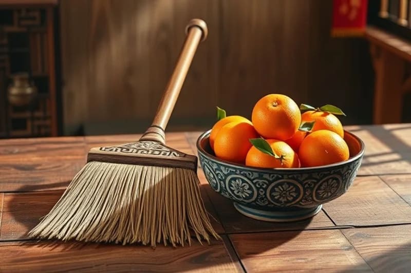 Traditional cleaning tools and oranges arranged on a wooden surface.