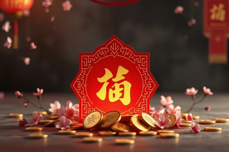 Intricate red envelope with gold characters, surrounded by gold coins and plum blossoms.