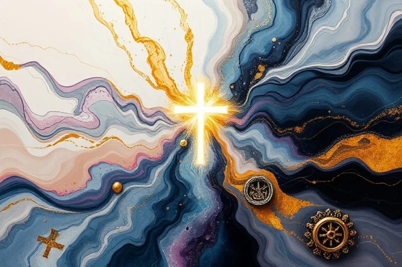 Arte digital abstracto que representa el caos y la esperanza, con un haz de luz divina atravesando la oscuridad.