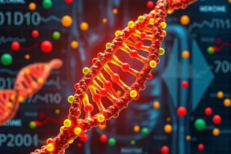 3D render of DNA helix with molecular structures for personalized nutrition