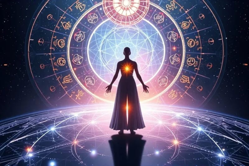 Stylized figure at crossroads with astrological symbols guiding path