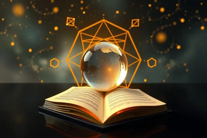 Bodegón con una esfera brillante, formas geométricas doradas y un libro abierto que irradia luz