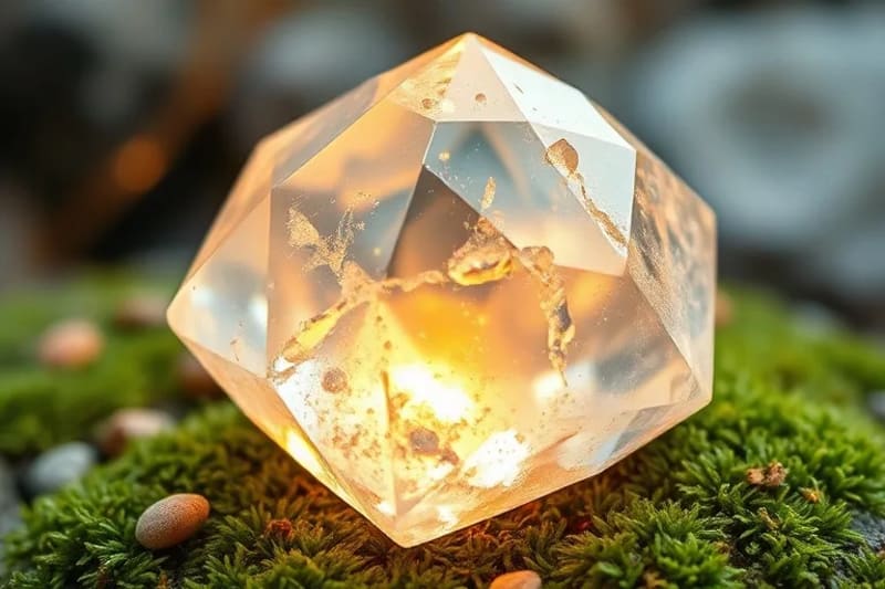Macro photography of a clear quartz crystal pulsating with golden light