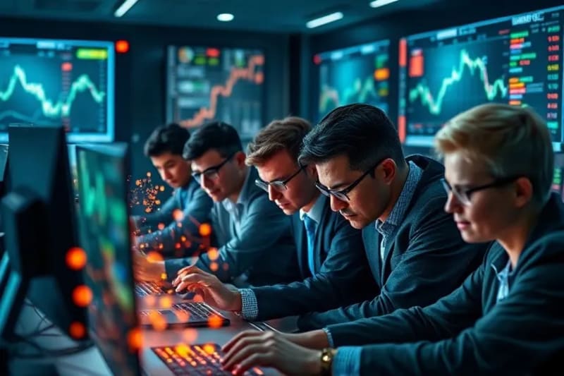Un grupo diverso de analistas financieros interactuando con pantallas holográficas y datos cuánticos, simbolizando la interfaz entre el intelecto humano y la tecnología avanzada en el futuro de las finanzas.
