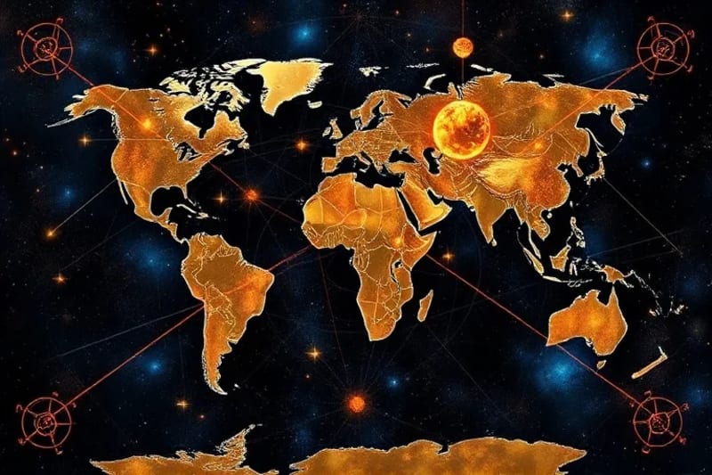 Stylized world map with glowing constellations and fixed stars, representing global influence