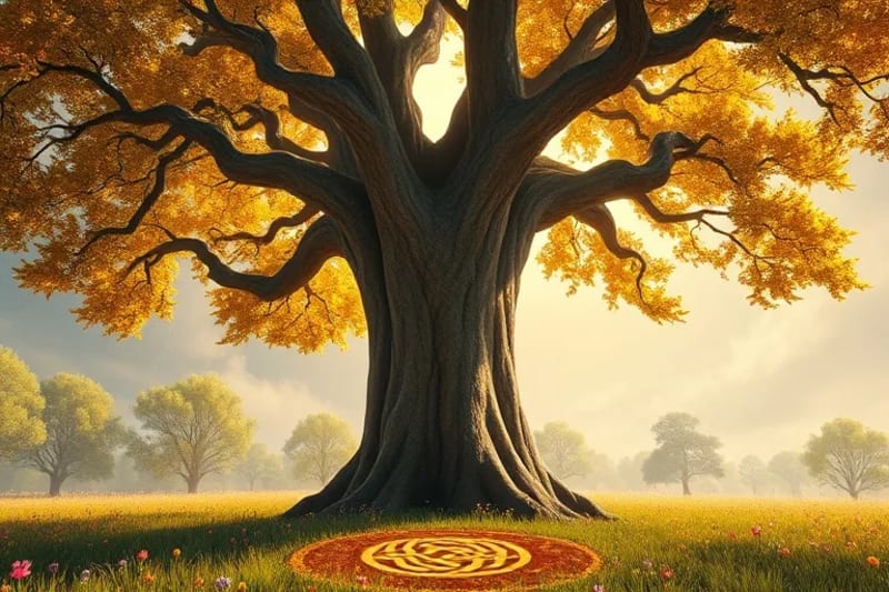 Pintura digital de un roble majestuoso con corteza texturizada y símbolos Ogham, irradiando energía espiritual en un claro del bosque.