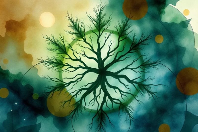 Acuarela abstracta de verdes, azules y marrones entrelazados, con siluetas de árboles celtas, simbolizando la conexión espiritual y la armonía natural.