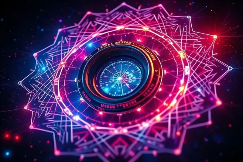 3D render of biofeedback sensors and camera lens with energy patterns