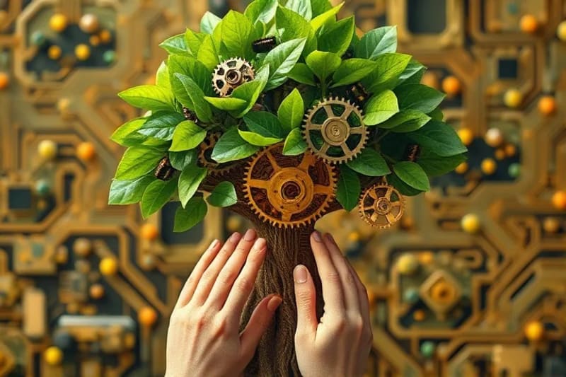 Representación abstracta de un sistema de IA ético, con engranajes y circuitos formando un árbol que crece, simbolizando el éxito y la sostenibilidad.