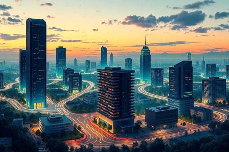 Representación 3D de una ciudad futurista con centros de datos integrados en un entorno verde, protegidos por una barrera de luz, simbolizando la privacidad y seguridad de datos en la IA ética.