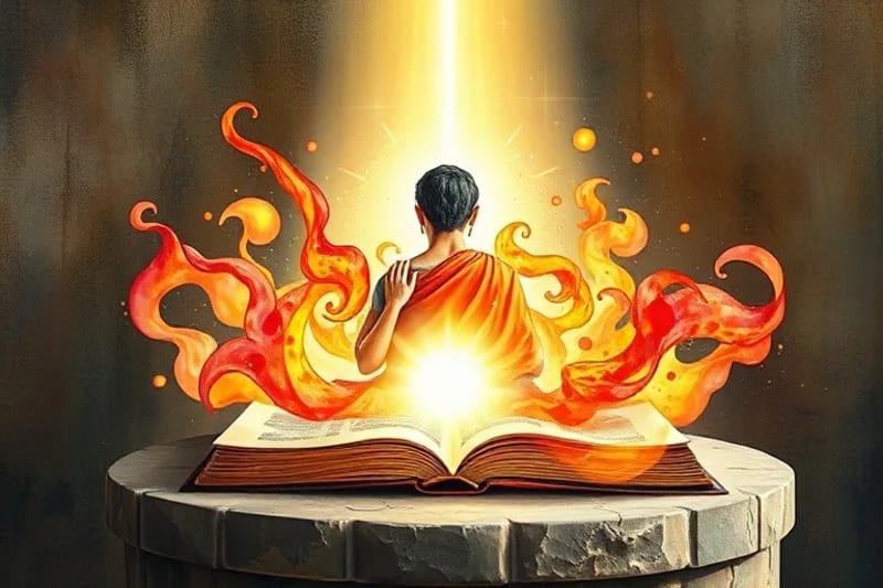 Persona pintando con acuarelas, colores vibrantes formando símbolos espirituales en un acto de devoción