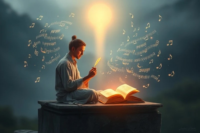 Persona escribiendo en un diario, rodeada de notas musicales y palabras flotantes en un ambiente de profunda reflexión