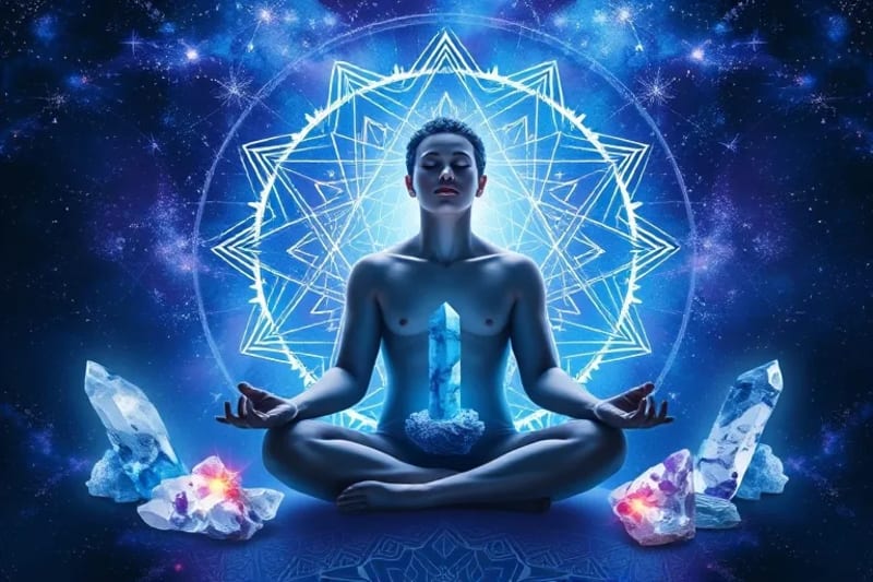 Persona meditando rodeada de cristales luminosos como cuarzo y lapislázuli, en un estado de sueño lúcido