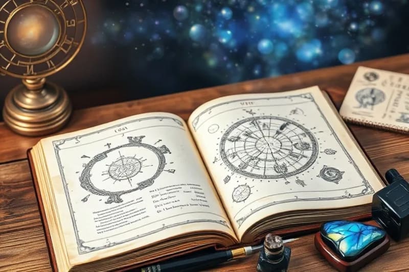 Diario de sueños antiguo con símbolos celestiales, junto a obsidiana y labradorita iridiscente