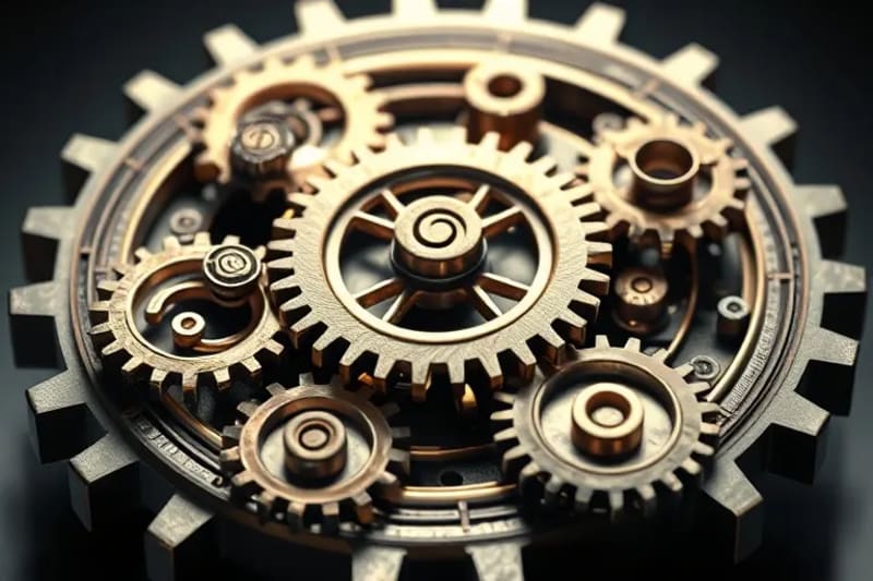Interlocking gears with numbers and planetary symbols