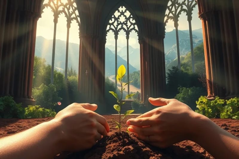 Manos cuidando una planta en un ecosistema vibrante