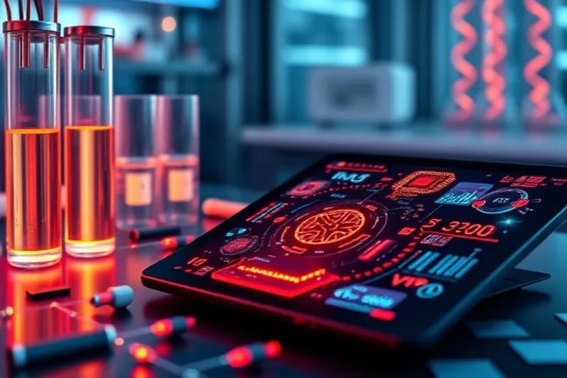 Laboratorio futurista con tubos de ensayo y visualizaciones de datos genéticos