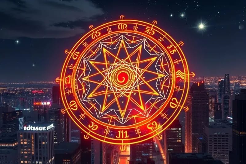 Carta astral holográfica superpuesta en una ciudad moderna, simbolizando la influencia de los tránsitos