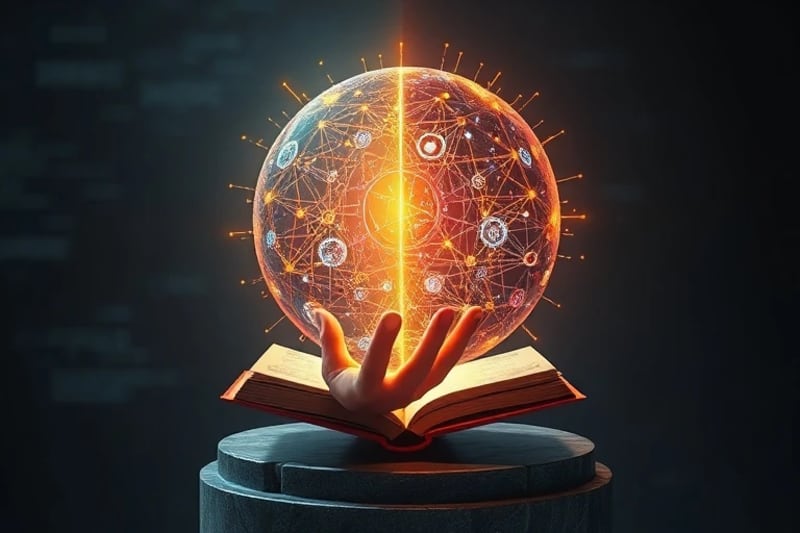 Ilustración conceptual de una mano humana interactuando con una esfera de IA, mostrando la dualidad de luz y sombra, bien y mal.
