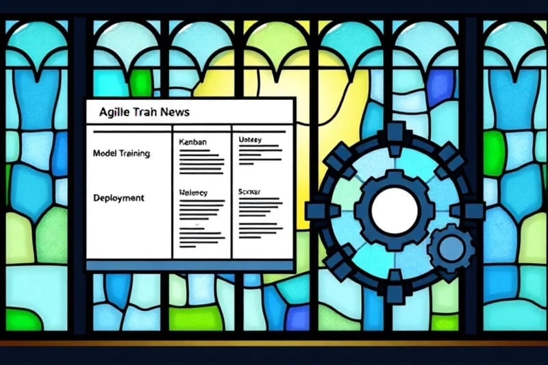 Ilustración vectorial de un tablero Kanban con tareas de IA, un ciclo Scrum y engranajes interconectados que simbolizan el progreso iterativo en el desarrollo ágil.
