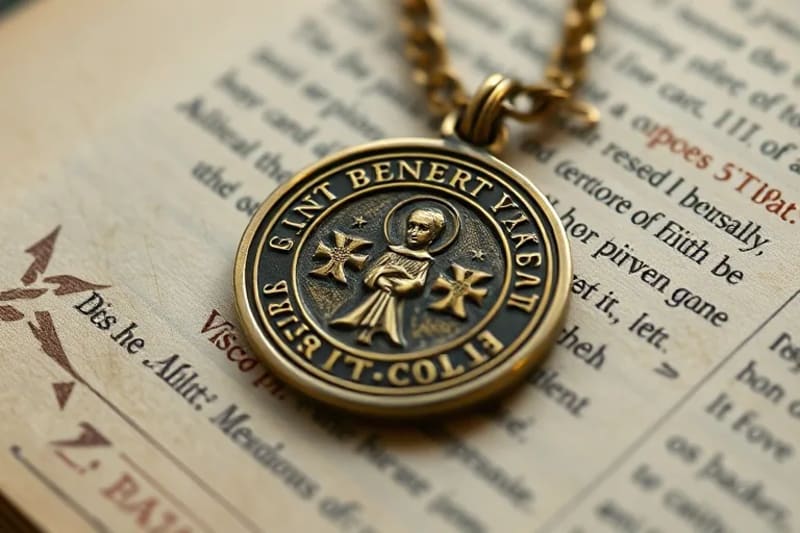 Primer plano de una Medalla de San Benito con inscripciones detalladas, rodeada de un halo de luz protectora.