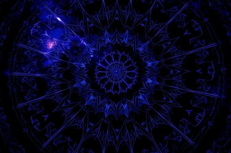 A close-up, abstract digital painting of a black mirror's surface showing swirling, indistinct patterns of light and shadow in deep purples, blues, and blacks.