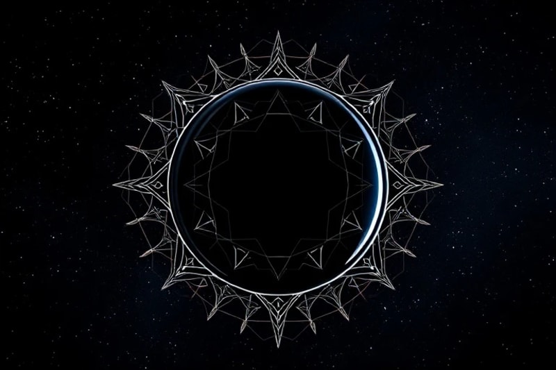 A 3D render of a stylized black mirror suspended in a void, with holographic projections of abstract geometric and astrological symbols rotating around it against a starry cosmic background.