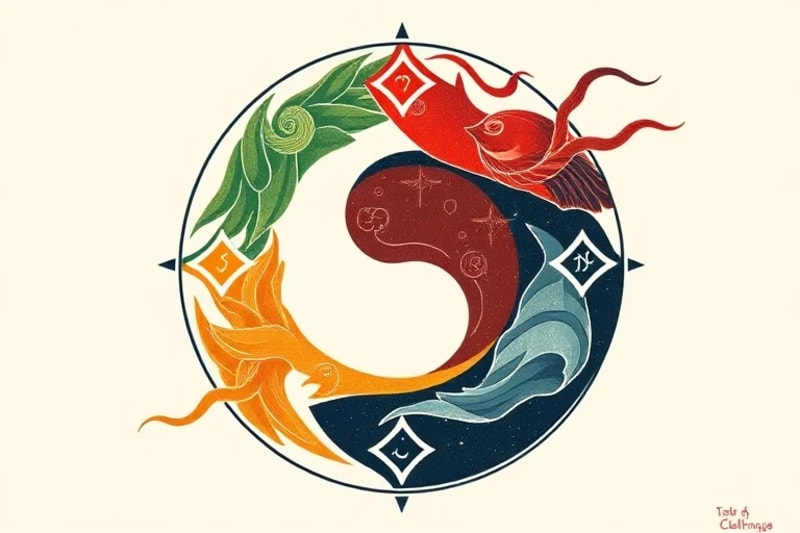 Arte vectorial de los cinco elementos chinos entrelazados con el símbolo Yin y Yang